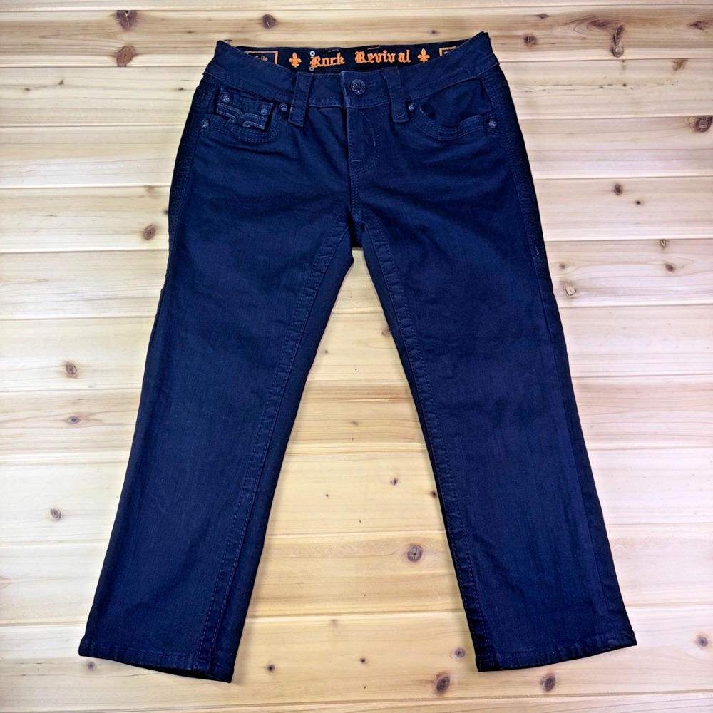 Rock Revival Jeans Womens 26 Black Celle Capri Embroidered Low Rise Denim Jeans